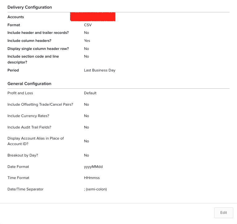 IBKR Flex Query Delivery Configuration (CSV, column headers Yes, section codes No) and General Configuration (Include Currency Rates No, Date Format yyyyMMdd, Time HHmmss, Date/Time Separator semicolon).
