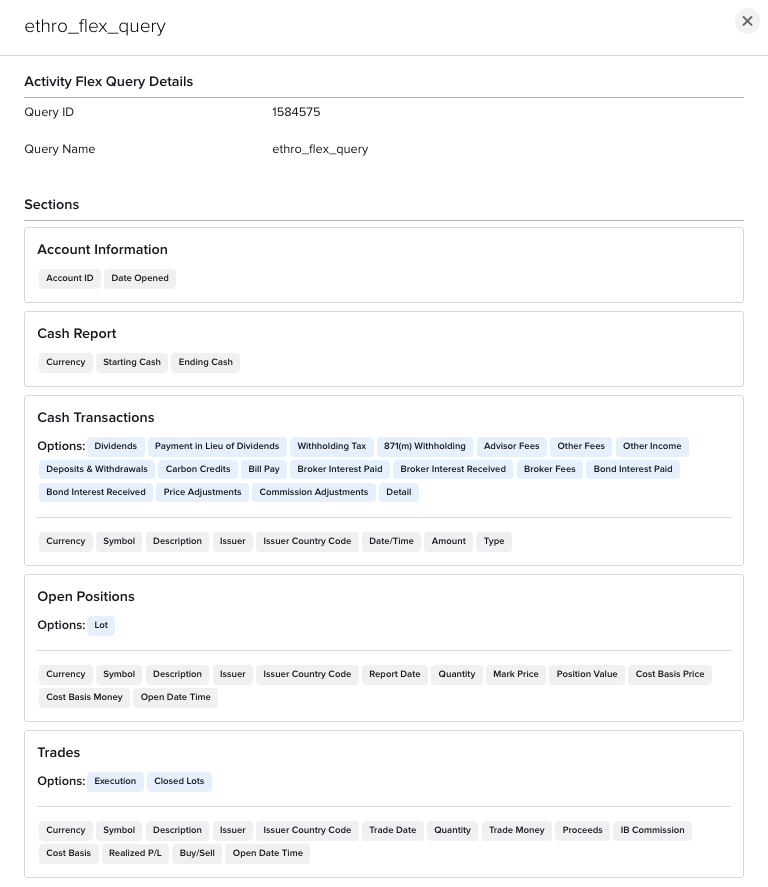 IBKR Flex Query details: the five sections (Account Information, Cash Report, Cash Transactions, Open Positions, Trades) with their Options and exact fields.